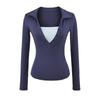 Camiseta de Manga Larga con Cuello Polo en V Profundo Falso de Dos Piezas Otoño 2025 para Mujer Nuevo Estilo Americano Ajustada Capa Interior Top Adelgazante