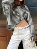 2026 Ropa Femenina Europea y Americana Transfronteriza Amazon Otoño/Invierno Nueva Moda Bloque de Color Holgado Cuello Redondo Rayado Manga Larga Top