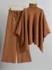Amazon Transfronteiriço Moda Solta Elegante Conjunto Feminino Outono e Inverno Gola Alta Capa Suéter de Malha Calças de Perna Larga Conjunto de Duas Peças