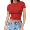 Cropped Europeu e Americano Transfronteiriço para Mulheres, Top Pulôver de Verão, Manga Curta Fashion Fino com Gola Redonda de Seda Leite