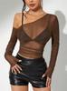 Top Camiseta Feminino de Malha Transparente Sexy com Ombro à Mostra e Mangas Longas Plissadas, Estilo Streetwear Europeu e Americano, Irmã Real Picante