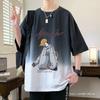 Gaywa Gradiente Manga Curta Masculino Verão Solto Desenho Animado Estampado Meia-manga Top Roupas para Adolescentes Casual Meia-manga