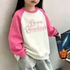 Camada base feminina com forro de fleece para outono e inverno, novo estilo 2026, gola redonda, moletom quente, blusa de manga longa raglan com blocos de cor para crianças mais velhas