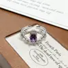 Nueve Fuego Púrpura ~ Anillo Abierto de Zircón Púrpura Completo con Diamantes Super Brillante Flor Luz de Lujo Gama Alta Exquisito Anillo