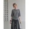 Camiseta informal holgada de manga media para mujer, color gris oscuro, cuello redondo, diseño de principios de otoño, corte ajustado