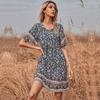 Bai Fen Zhi Yi Amazon Comércio Transfronteiriço Europeu e Americano Estilo Étnico de Verão Geométrico Floral Vestido de Gola Redonda