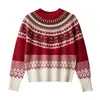 Suéter de Lã Merino 100% Fair Isle Finnish Snowland Gola Redonda/Meia-Gola Top Tricotado Jacquard de Cor Contrastante