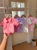 Camiseta Nueva de Verano para Niña, Manga Corta, Color Caramelo, Delgada, con Lazo y Cuello de Muñeca, Elegante Top para Bebé con Mangas de Linterna de Media Longitud