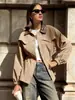 Cárdigan con cremallera, chaqueta de manga larga off-shoulder, color caqui con solapa de piel sintética marrón oscuro, gabardina corta