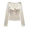 Novo Top Camada Base Feminino de Manga Longa com Bojo Escovado para Outono e Inverno, Camiseta Slimming com Decote Quadrado, Camisa Íntima para Outono, Camisa Base de Cor Sólida