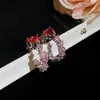 Pendientes de Botón de Flor Rosa Fresca con Diamantes Completos Brillantes, Modernos, Dulces, Exquisitos, Lujo Ligero, Gama Alta, Pendientes Elegantes