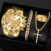 Conjunto de 4 Peças de Relógio Masculino Transfronteiriço High-End Mostrador Grande Relógio de Pulso a Quartzo Masculino de Negócios Conjunto de Anel Pulseira Colar