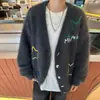Chaqueta Suéter de Punto Retro Americano para Hombre con Cuello en V Bordado de Estrella de Cinco Puntas, Prendas de Punto Versátiles de Estilo Perezoso para Otoño e Invierno, Tendencia
