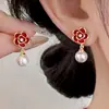 Pendientes de Colgante de Perla Camelia Rojo Vino de Circonita Brillante para Niñas, Estilo de Lujo Ligero y de Gama Alta, Pendientes Impresionantes