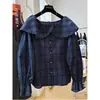 Impresionante conjunto vintage a cuadros estilo coreano con camisa de manga larga y cuello con volantes fuera del hombro para mujer, top de principios de otoño