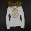 Chamarra con capucha de pelo blanco estilo millennial con letras de pedrería de corona dorada, top cárdigan acanalado de ajuste ceñido con doble cremallera