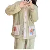 Conjunto de cárdigan arcoíris para mujer, Otoño e Invierno, Engrosado Cálido Talla Grande Pijama de Coral Fleece, Ropa de Casa de Franela que se Puede Usar Afuera