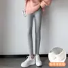 Leggings Grossos Cinzas Forrados com Lã para Outono e Inverno 2024 para Mulheres, Calças Térmicas de Caxemira de Alta Elasticidade, Calças de Lã de Algodão do Nordeste