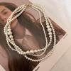 Mismo estilo de blogger ins de Corea del Sur moda francesa retro suave Perla Brillante collar de cuentas multicapa cadena para la clavícula
