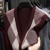 6.5 lã 420g espessado clássico padrão xadrez com bolsos reais colete cardigã de tricô sem mangas masculino