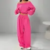 Traje corto de manga larga off-shoulder para mujer, conjunto casual de dos piezas con pantalones anchos estilo europeo y americano, ropa para mujer transfronteriza, estilo casual