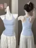 Camisola Azul de Verano con Cuello Halter para Mujer, Se Puede Usar por Fuera, con Almohadillas de Sujetador Incorporadas, Hermoso Diseño de Espalda, Ropa Interior Integrada, Top sin Espalda
