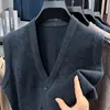 Colete Tricot Jacquard com Bolso Gola V Masculino Moderno Casual de Negócios Colete de Alta Qualidade para Homens de Meia-Idade e Idosos