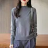 2025 Novo Outono e Inverno Malha de Algodão Puro Gola Alta Meia Manga Manga Longa Feminina Cor Pura Torcida Solta Camisa de Base Top