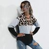 Bai Fen Zhi YiAmazon Transfronteiriça Europeia e Americana Outono Estampa de Leopardo Patchwork Design Manga Longa Gola Quadrada Camiseta de Manga Longa