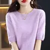 Suéter de lana para mujer, cuello redondo, top de punto de manga corta, camiseta interior de lana de manga corta transfronteriza para mujer, top de capa interior para mujer