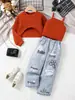 Amazon Otoño Nuevo Europeo y Americano Sudadera de Manga Larga Color Borgoña Más Chaleco con Jeans Moda Chica Caliente Ropa para Niños