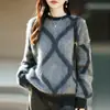 Suéter de Punto Redondo de Lana Cachemir Nuevo Invierno 2026 Manga Larga para Mujer Patrón de Diamantes Jacquard Suéter Top de Lana Cepillada