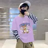 Camiseta de Manga Larga a Rayas con Cuello Redondo de Moda Estilo Coreano para Niños, Ropa de Primavera y Otoño, Niños Estampado de Dibujos Animados Capa Base Algodón Puro Fina