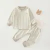 Conjunto de dos piezas de algodón a rayas de colores para bebé para primavera y otoño, Clase A, para niños y niñas, cintura alta, top y pantalones de otoño que protegen la barriga, ropa para el hogar