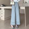 Pantalones de pierna ancha con patrón de encaje de ganchillo con volantes de seda helada de secado rápido, finos, petite, holgados, cropped, rectos, A5611