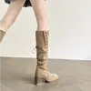 Botas francesas altas hasta la rodilla con pliegues, se pueden doblar para dos estilos de uso, botas holgadas de tacón alto y grueso, botas Maillard, talla grande, pantorrilla ancha, botas largas