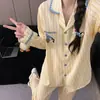 Pijama de Algodón Nube para Mujer, Primavera y Otoño, Rayas de Dibujos Animados Lindas, Manga Larga, Pantalón Largo, Holgado, Se Puede Usar Afuera, Conjunto para Estar en Casa