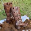 Botas Western Cowboy Maillard Femininas 2025 Nova Primavera e Outono Salto Grosso Botas Longas Acima do Joelho Botas Martin Altas