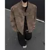 Jaqueta de Couro Tie-dye Retrô Outono Estilo Estudante Americano Solta Gola Alta Motociclista Roupa Externa Masculina Jaqueta Gola Alta Roupa de Trabalho
