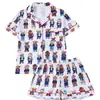Pijama de Manga Curta com Estampa de Urso de Desenho Animado Selecionado Cuidadosamente para Comércio Exterior Transfronteiriço para Mulheres, Conjunto de Roupa de Casa de Verão, Pijama Estilo Europeu e Americano