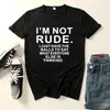 Camiseta de Mujer con Estampado de Letras "I'M Not Rude", Manga Corta, Cuello Redondo, Holgada, Camiseta de Mujer, Tops, Ropa, Camiseta sin Mangas
