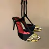 Marca de Tendencia Europea y Americana Sandalias de Tacón Alto con Tira Creativa de Cinco Dedos Doradas Zapatillas de Piel de Oveja para Mujer Punta Cerrada 10cm Banquetes de Gama Alta