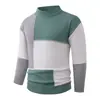 Outono Inverno Masculino Gola Alta Meio Bloco de Cores Geométrico Patchwork Manga Longa Slim Fit Tricô Pulôver Top