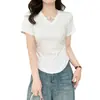Camiseta de Manga Corta de Verano Más Vendida para Mujer, Cuello en V con Botones Plateados, Camiseta Básica Ajustada, Ropa Interior Adelgazante para Mujer, Diseño de Hombro Regular, Ropa de Mujer al por Mayor