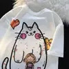 Camiseta de cuello redondo y manga corta con estampado de personaje de gato de dibujos animados de seda de leche para parejas, top casual suelto de verano