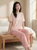 Conjunto de Pijama Feminino de Modal Verão Soltinho Camiseta de Manga Curta Calça Longa Casual Tamanho Grande Roupa de Casa Conjunto de Algodão Novo