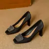 Sapatos de salto alto com salto grosso e toque sofisticado, novo modelo de primavera e outono estilo francês, com fivela metálica de strass, bico quadrado, sapatos de salto baixo slip-on