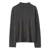 Suéter de malha feminino 100% caxemira outono e inverno, novo, corte solto, cor sólida, com contas feitas à mão, barra enrolada, gola semi-alta, designer