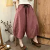 Calça de Linho de Algodão Cor Sólida Perna Larga Feminina Verão Novo Solta Oito Pontos Solta Confortável Modeladora Escondendo Defeitos Modeladora Versátil