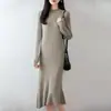 Vestido de Punto de Lana Pura 2026 Otoño/Invierno Nuevo Cuello Redondo Medio Alto Manga Larga para Mujer Dobladillo Retorcido Vestido Largo